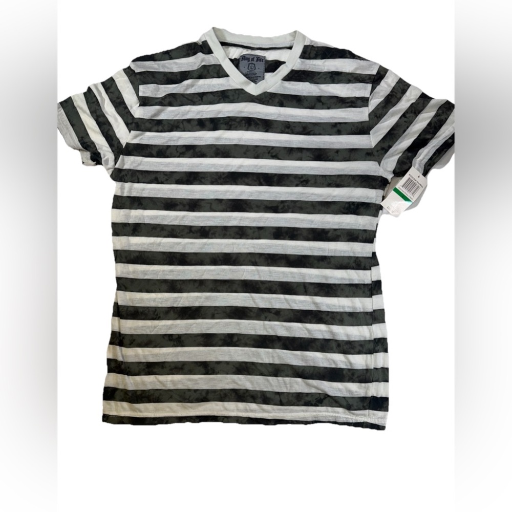 Men’s Olive Green and White Striped Distressed Tee.‎ V-Neck. Size Large